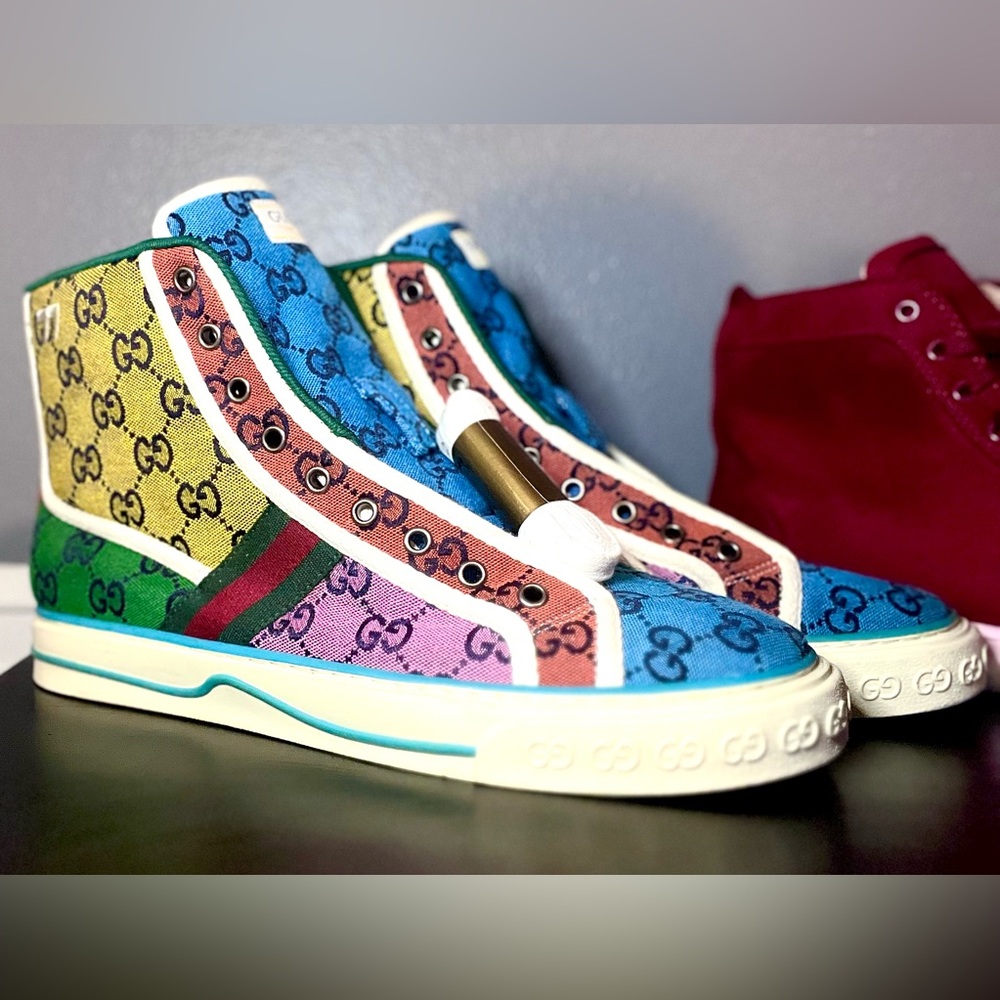 Gucci Tennis 1977 GG High Top Sneakers Multicolor Canvas US Size 10